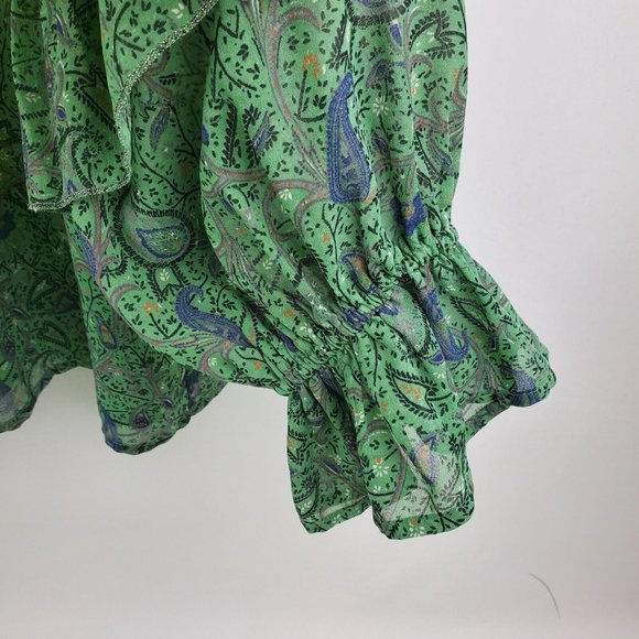 Lucky Brand Womens Peasant Tie Ruffle Sleeve Keyhole Blouse Green Paisley M - Picture 7 of 9